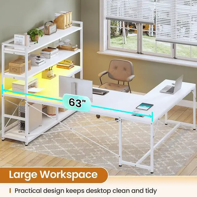 Alt view image 7 of 7 - L Shaped Computer Desk, 63 Reversible Office Desk or Corner Desk with Storage Shelves, White Gaming Desk with LED Lights, Power Outlet