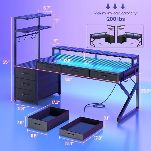 Alt view image 2 of 7 - 55" Gaming Desk with 6 Drawers, Corner Gaming Desk with Storage & LED Lights, Reversible PC Desk with Power Outlet, Corner Computer Desk with Hutch, Monitor Stand, Side Hook, Carbon Fiber Black