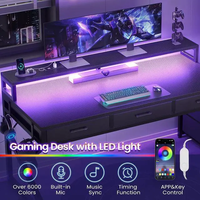 Alt view image 4 of 7 - 55" Gaming Desk with 6 Drawers, Corner Gaming Desk with Storage & LED Lights, Reversible PC Desk with Power Outlet, Corner Computer Desk with Hutch, Monitor Stand, Side Hook, Carbon Fiber Black