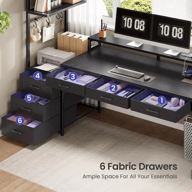 Alt view image 5 of 7 - 55" Gaming Desk with 6 Drawers, Corner Gaming Desk with Storage & LED Lights, Reversible PC Desk with Power Outlet, Corner Computer Desk with Hutch, Monitor Stand, Side Hook, Carbon Fiber Black
