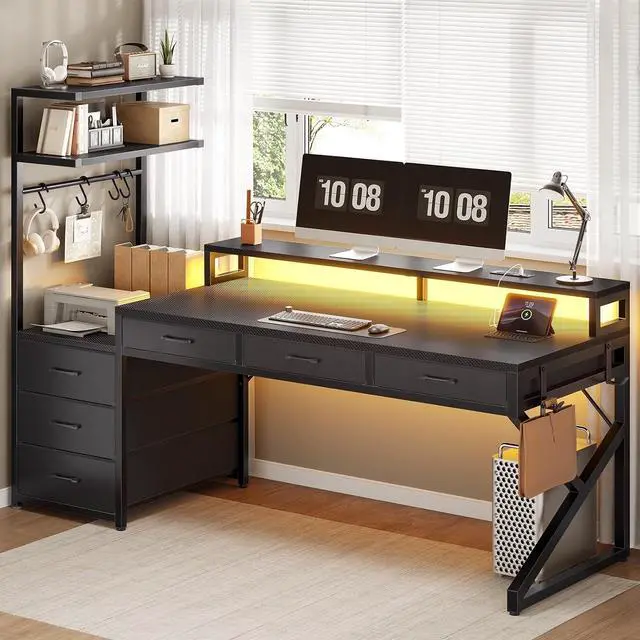 Alt view image 6 of 7 - 55" Gaming Desk with 6 Drawers, Corner Gaming Desk with Storage & LED Lights, Reversible PC Desk with Power Outlet, Corner Computer Desk with Hutch, Monitor Stand, Side Hook, Carbon Fiber Black