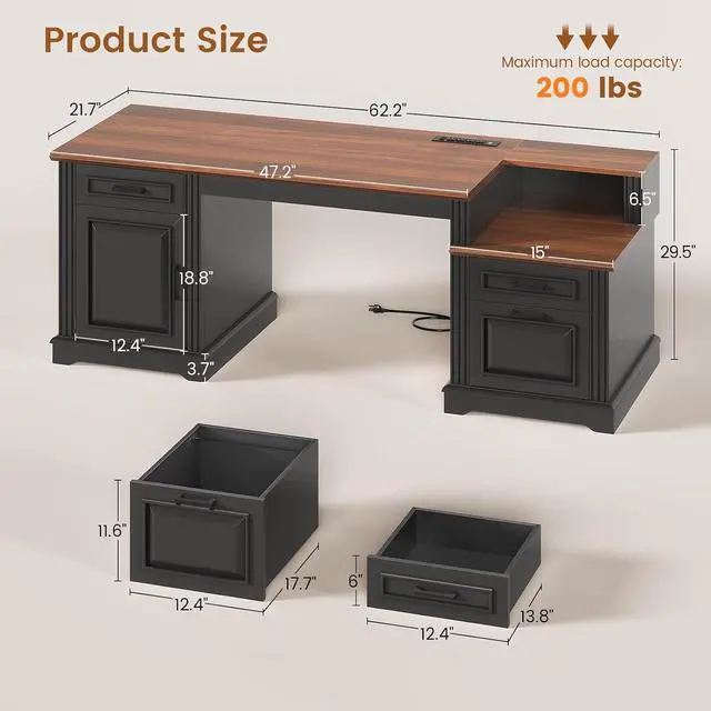 Alt view image 2 of 7 - Farmhouse Executive Desk, 62'' Home Office Desk with File Drawers, 3Drawer and Storage Cabinet, Computer Desk with Power Outlet for Home Office, Work Study Writing, Black + Walnut