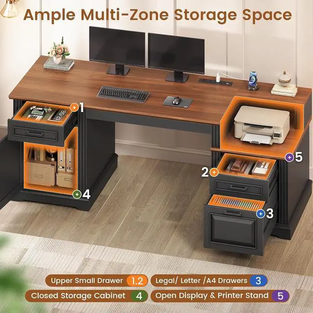 Alt view image 3 of 7 - Farmhouse Executive Desk, 62'' Home Office Desk with File Drawers, 3Drawer and Storage Cabinet, Computer Desk with Power Outlet for Home Office, Work Study Writing, Black + Walnut