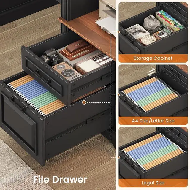 Alt view image 4 of 7 - Farmhouse Executive Desk, 62'' Home Office Desk with File Drawers, 3Drawer and Storage Cabinet, Computer Desk with Power Outlet for Home Office, Work Study Writing, Black + Walnut