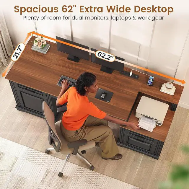 Alt view image 6 of 7 - Farmhouse Executive Desk, 62'' Home Office Desk with File Drawers, 3Drawer and Storage Cabinet, Computer Desk with Power Outlet for Home Office, Work Study Writing, Black + Walnut