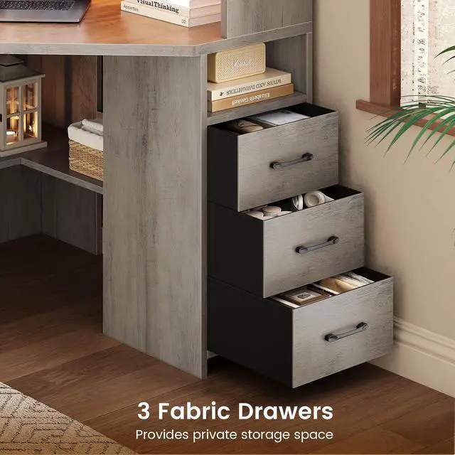 Alt view image 4 of 7 - 31.5" Small Corner Desk, Farmhouse Corner Desk with Hutch & 3 Drawers, Corner Desk for Small Space, Small Corner Computer Desk with Storage Shelves & LED Lights for Home Office, Grey