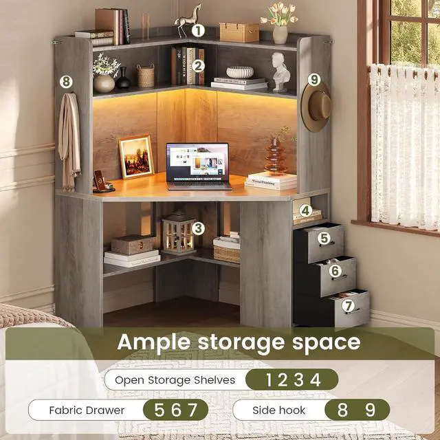 Alt view image 3 of 7 - 31.5" Small Corner Desk, Farmhouse Corner Desk with Hutch & 3 Drawers, Corner Desk for Small Space, Small Corner Computer Desk with Storage Shelves & LED Lights for Home Office, Grey