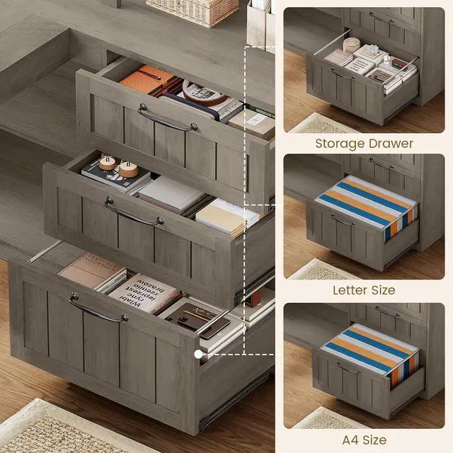 Alt view image 5 of 7 - Farmhouse L Shaped Computer Desk, 59'' Wood Office Desk with 3 Drawers and 5-Tier Bookshelf, Corner Desk with Storage Shelves and Power Outlet for Home Office Small Space, Grey