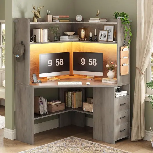 Main image of 31.5" Small Corner Desk, Farmhouse Corner Desk with Hutch & 3 Drawers, Corner Desk for Small Space, Small Corner Computer Desk with Storage Shelves & LED Lights for Home Office, Grey