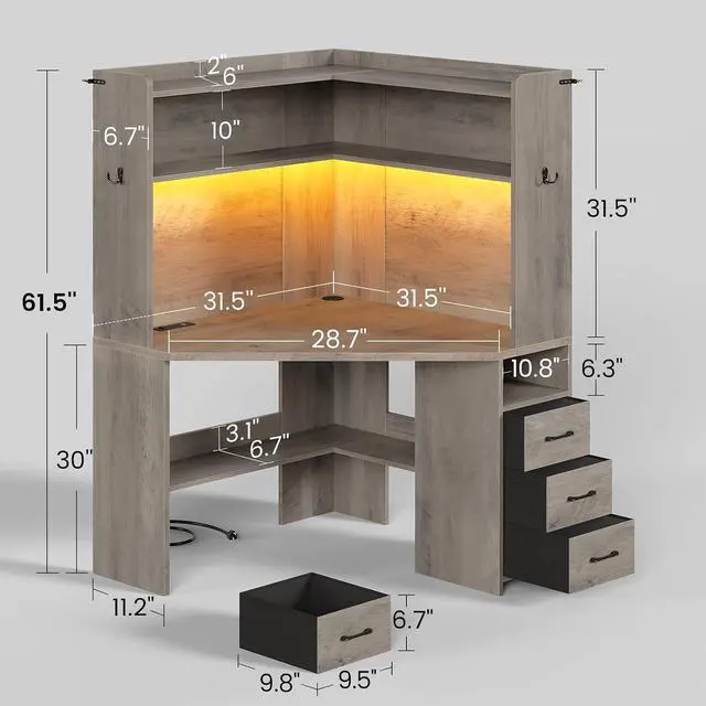 Alt view image 2 of 7 - 31.5" Small Corner Desk, Farmhouse Corner Desk with Hutch & 3 Drawers, Corner Desk for Small Space, Small Corner Computer Desk with Storage Shelves & LED Lights for Home Office, Grey