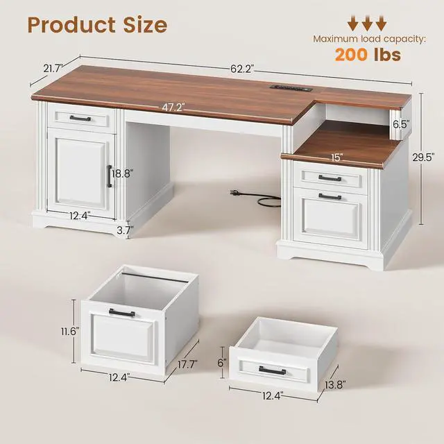Alt view image 2 of 7 - Farmhouse Executive Desk, 62'' Home Office Desk with File Drawers, 3Drawer and Storage Cabinet, Computer Desk with Power Outlet for Home Office, Work Study Writing, White + Walnut