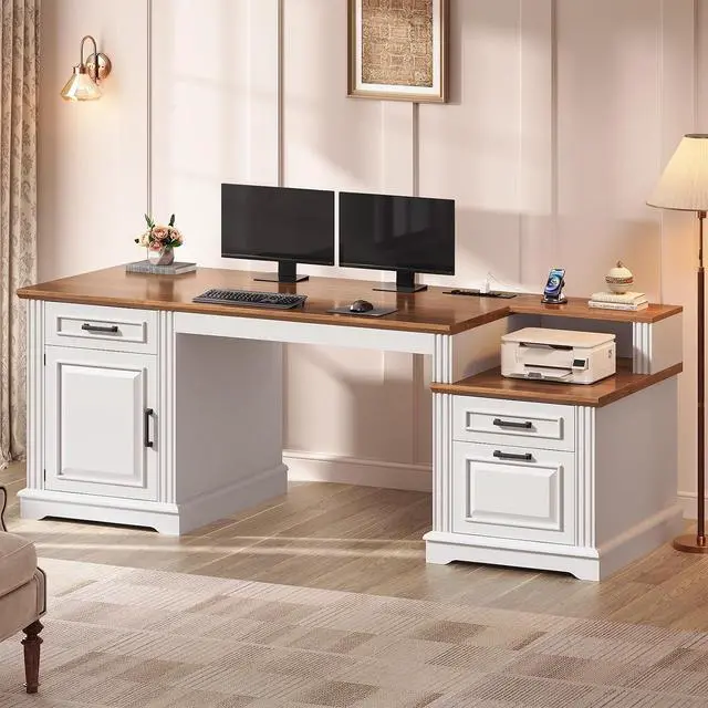 Main image of Farmhouse Executive Desk, 62'' Home Office Desk with File Drawers, 3Drawer and Storage Cabinet, Computer Desk with Power Outlet for Home Office, Work Study Writing, White + Walnut
