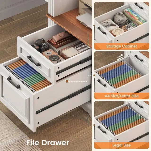 Alt view image 3 of 7 - Farmhouse Executive Desk, 62'' Home Office Desk with File Drawers, 3Drawer and Storage Cabinet, Computer Desk with Power Outlet for Home Office, Work Study Writing, White + Walnut