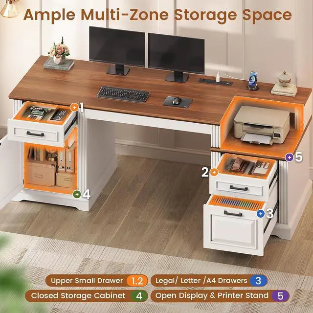 Alt view image 5 of 7 - Farmhouse Executive Desk, 62'' Home Office Desk with File Drawers, 3Drawer and Storage Cabinet, Computer Desk with Power Outlet for Home Office, Work Study Writing, White + Walnut