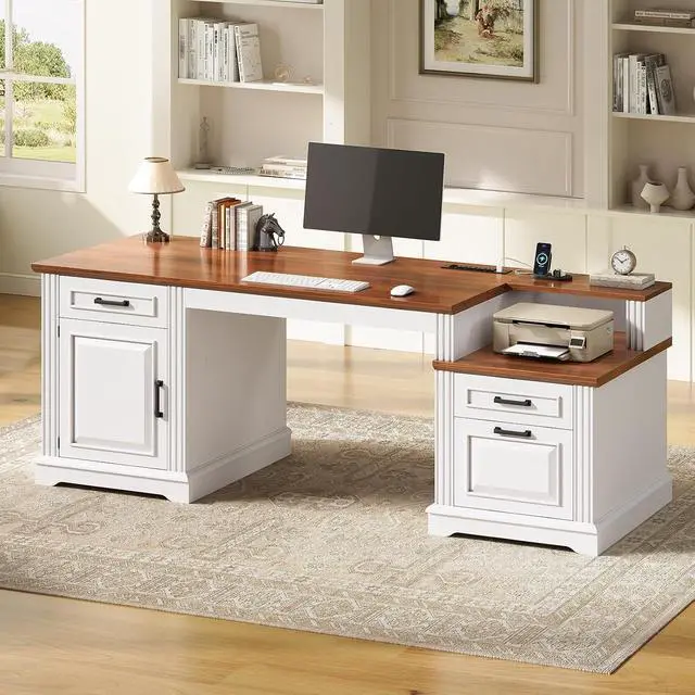 Alt view image 7 of 7 - Farmhouse Executive Desk, 62'' Home Office Desk with File Drawers, 3Drawer and Storage Cabinet, Computer Desk with Power Outlet for Home Office, Work Study Writing, White + Walnut