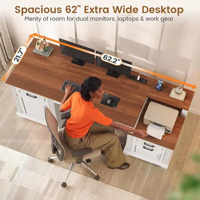 Alt view image 6 of 7 - Farmhouse Executive Desk, 62'' Home Office Desk with File Drawers, 3Drawer and Storage Cabinet, Computer Desk with Power Outlet for Home Office, Work Study Writing, White + Walnut