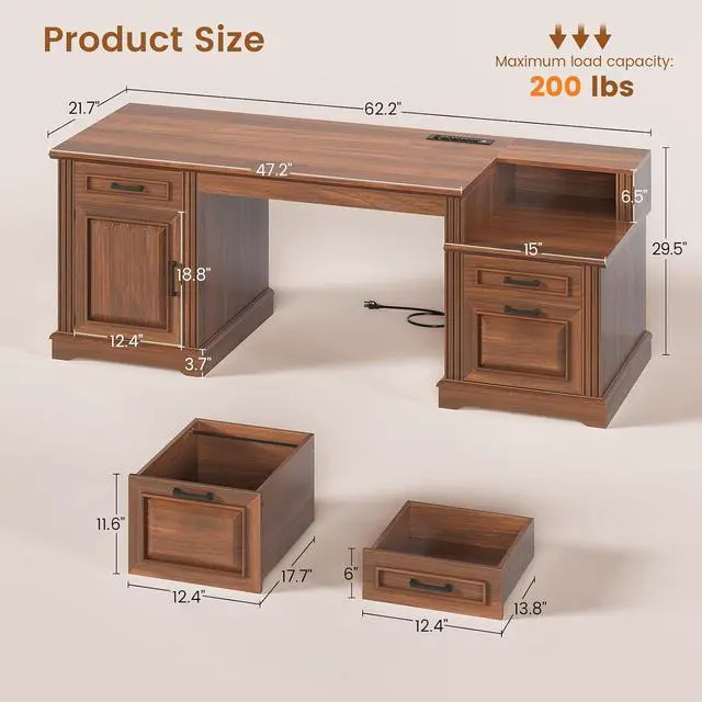 Alt view image 2 of 7 - Farmhouse Executive Desk, 62'' Home Office Desk with File Drawers, 3Drawer and Storage Cabinet, Computer Desk with Power Outlet for Home Office, Work Study Writing, Walnut