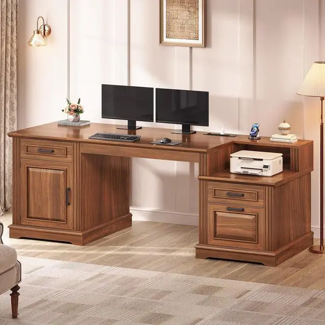 Main image of Farmhouse Executive Desk, 62'' Home Office Desk with File Drawers, 3Drawer and Storage Cabinet, Computer Desk with Power Outlet for Home Office, Work Study Writing, Walnut