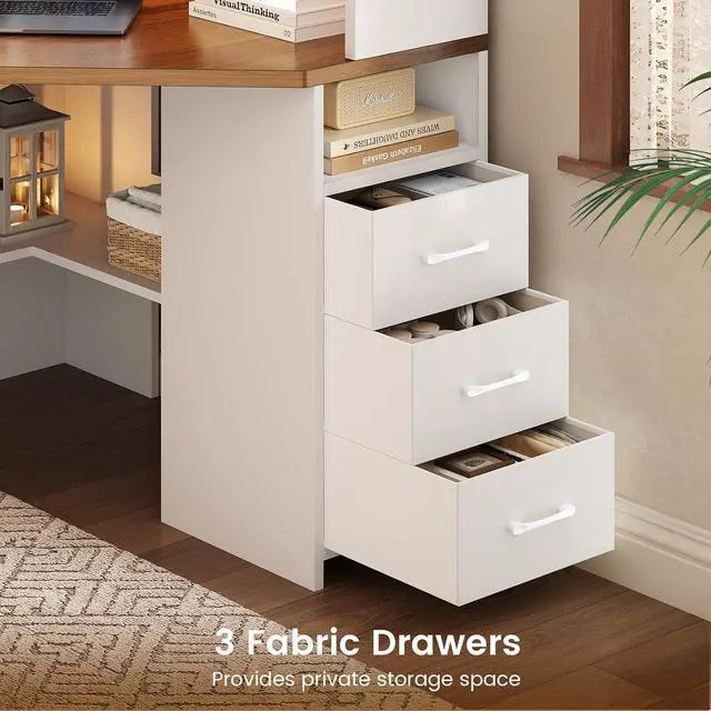 Alt view image 4 of 7 - 31.5" Corner Desk for Small Space, Farmhouse Small Corner Desk with Hutch & 3 Drawers, Corner Computer Desk with Storage Shelves & LED Lights for Home Office, White + Brown