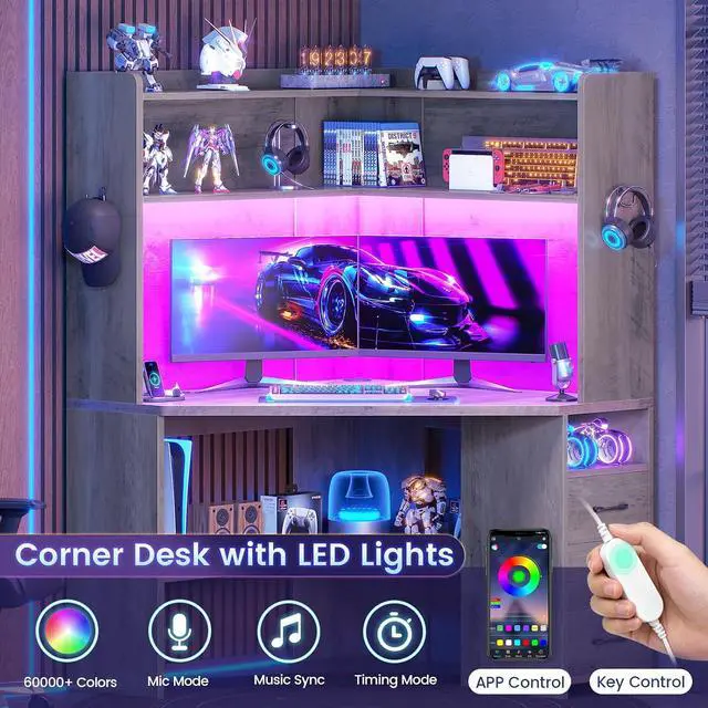 Alt view image 5 of 7 - 31.5" Small Corner Desk, Farmhouse Corner Desk with Hutch & 3 Drawers, Corner Desk for Small Space, Small Corner Computer Desk with Storage Shelves & LED Lights for Home Office, Grey