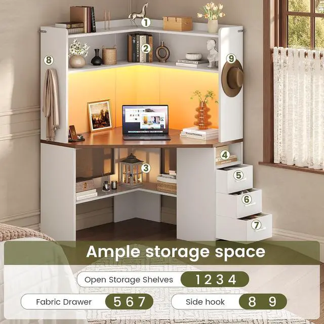 Alt view image 3 of 7 - 31.5" Corner Desk for Small Space, Farmhouse Small Corner Desk with Hutch & 3 Drawers, Corner Computer Desk with Storage Shelves & LED Lights for Home Office, White + Brown