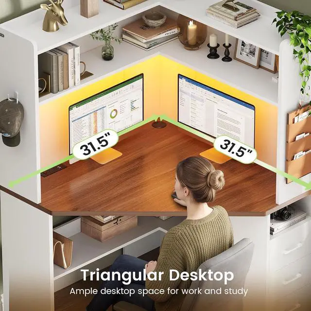 Alt view image 7 of 7 - 31.5" Corner Desk for Small Space, Farmhouse Small Corner Desk with Hutch & 3 Drawers, Corner Computer Desk with Storage Shelves & LED Lights for Home Office, White + Brown