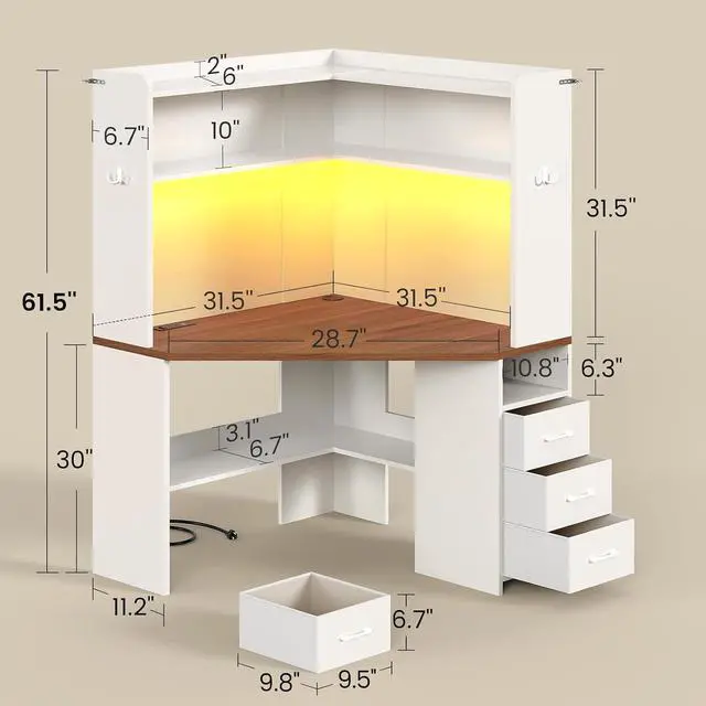 Alt view image 2 of 7 - 31.5" Corner Desk for Small Space, Farmhouse Small Corner Desk with Hutch & 3 Drawers, Corner Computer Desk with Storage Shelves & LED Lights for Home Office, White + Brown