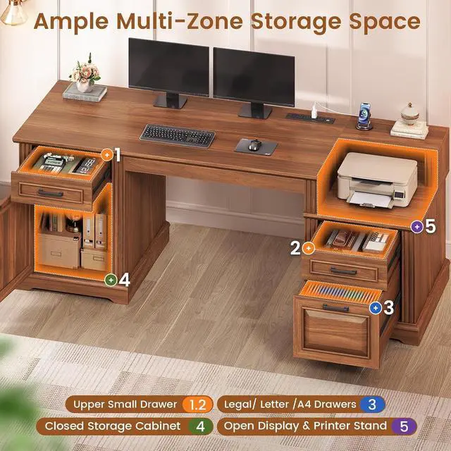 Alt view image 3 of 7 - Farmhouse Executive Desk, 62'' Home Office Desk with File Drawers, 3Drawer and Storage Cabinet, Computer Desk with Power Outlet for Home Office, Work Study Writing, Walnut
