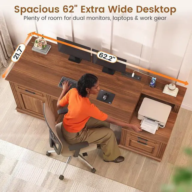 Alt view image 6 of 7 - Farmhouse Executive Desk, 62'' Home Office Desk with File Drawers, 3Drawer and Storage Cabinet, Computer Desk with Power Outlet for Home Office, Work Study Writing, Walnut
