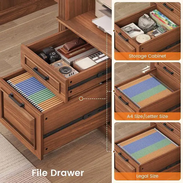 Alt view image 4 of 7 - Farmhouse Executive Desk, 62'' Home Office Desk with File Drawers, 3Drawer and Storage Cabinet, Computer Desk with Power Outlet for Home Office, Work Study Writing, Walnut