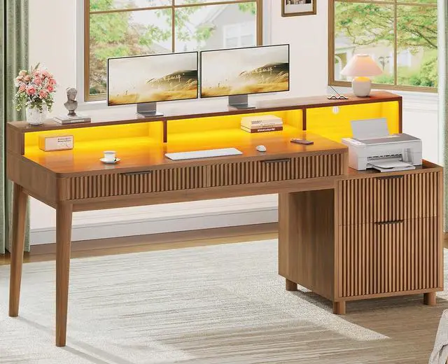 Main image of Modern Office Desk with 4 Drawers, 59" Fluted Gaming Computer Desk with Storage, LED Lights and Power Strip, Wood Writing Desk Study Table for Home Office, Living Room, Bedroom, Brown