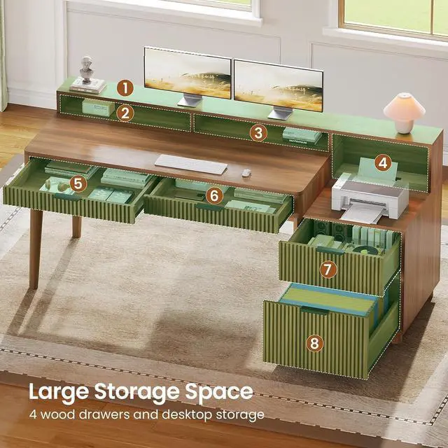 Alt view image 5 of 7 - Modern Office Desk with 4 Drawers, 59" Fluted Gaming Computer Desk with Storage, LED Lights and Power Strip, Wood Writing Desk Study Table for Home Office, Living Room, Bedroom, Brown