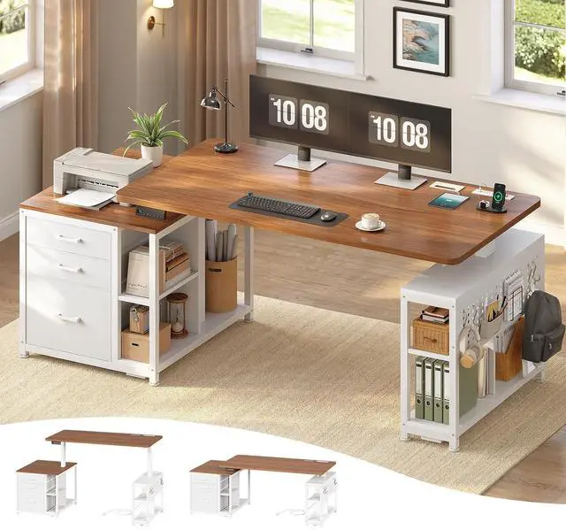 Main image of Electric Standing Desk with 3 Fabric Drawers, 61" Height Adjustable Office Executive Desk with Storage Drawers, Stand up Computer Desk with Power Outlet for Home Office, White and Brown