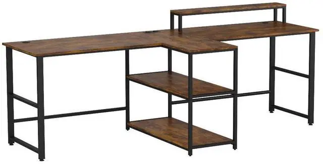 Alt view image 4 of 7 - 94.5" Home Office Desks, Computer Gaming Desk with Storage, LED Lights, Power Strip with USB, Keyboard Tray & Monitor Stand, Extra Long Double Desk for 2 Person, Rustic Brown