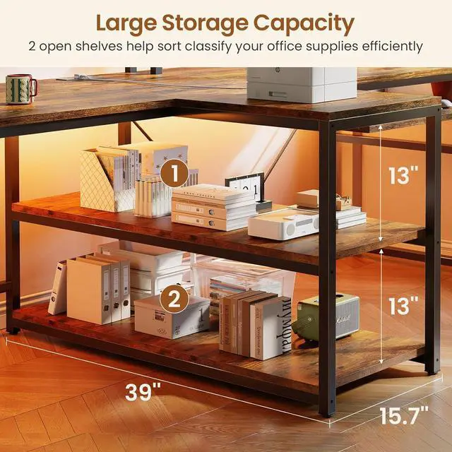 Alt view image 5 of 7 - 94.5" Home Office Desks, Computer Gaming Desk with Storage, LED Lights, Power Strip with USB, Keyboard Tray & Monitor Stand, Extra Long Double Desk for 2 Person, Rustic Brown