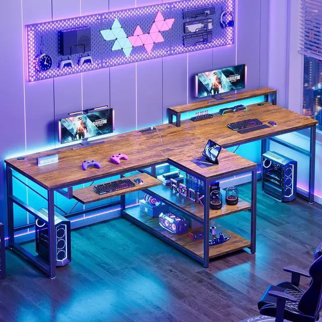 Main image of 94.5" Home Office Desks, Computer Gaming Desk with Storage, LED Lights, Power Strip with USB, Keyboard Tray & Monitor Stand, Extra Long Double Desk for 2 Person, Rustic Brown