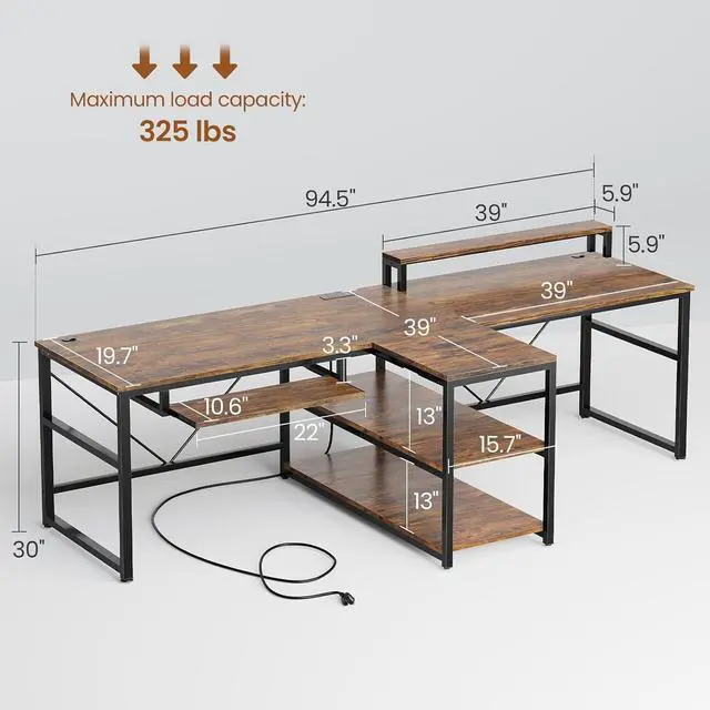 Alt view image 2 of 7 - 94.5" Home Office Desks, Computer Gaming Desk with Storage, LED Lights, Power Strip with USB, Keyboard Tray & Monitor Stand, Extra Long Double Desk for 2 Person, Rustic Brown
