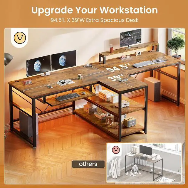 Alt view image 3 of 7 - 94.5" Home Office Desks, Computer Gaming Desk with Storage, LED Lights, Power Strip with USB, Keyboard Tray & Monitor Stand, Extra Long Double Desk for 2 Person, Rustic Brown