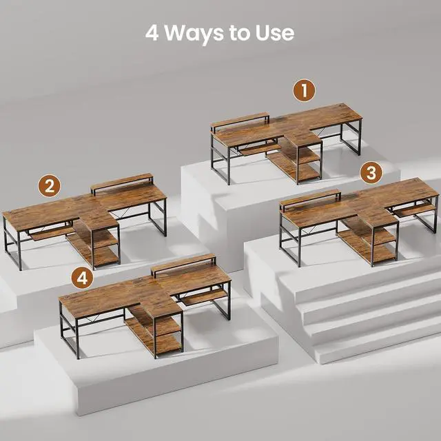 Alt view image 6 of 7 - 94.5" Home Office Desks, Computer Gaming Desk with Storage, LED Lights, Power Strip with USB, Keyboard Tray & Monitor Stand, Extra Long Double Desk for 2 Person, Rustic Brown