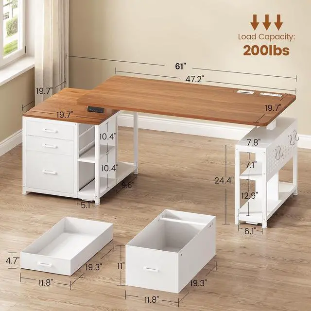 Alt view image 2 of 7 - Electric Standing Desk with 3 Fabric Drawers, 61" Height Adjustable Office Executive Desk with Storage Drawers, Stand up Computer Desk with Power Outlet for Home Office, White and Brown