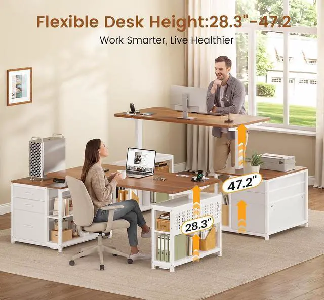 Alt view image 3 of 7 - Electric Standing Desk with 3 Fabric Drawers, 61" Height Adjustable Office Executive Desk with Storage Drawers, Stand up Computer Desk with Power Outlet for Home Office, White and Brown