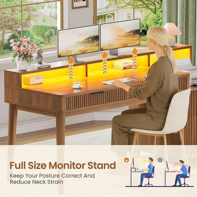 Alt view image 6 of 7 - Modern Office Desk with 4 Drawers, 59" Fluted Gaming Computer Desk with Storage, LED Lights and Power Strip, Wood Writing Desk Study Table for Home Office, Living Room, Bedroom, Brown
