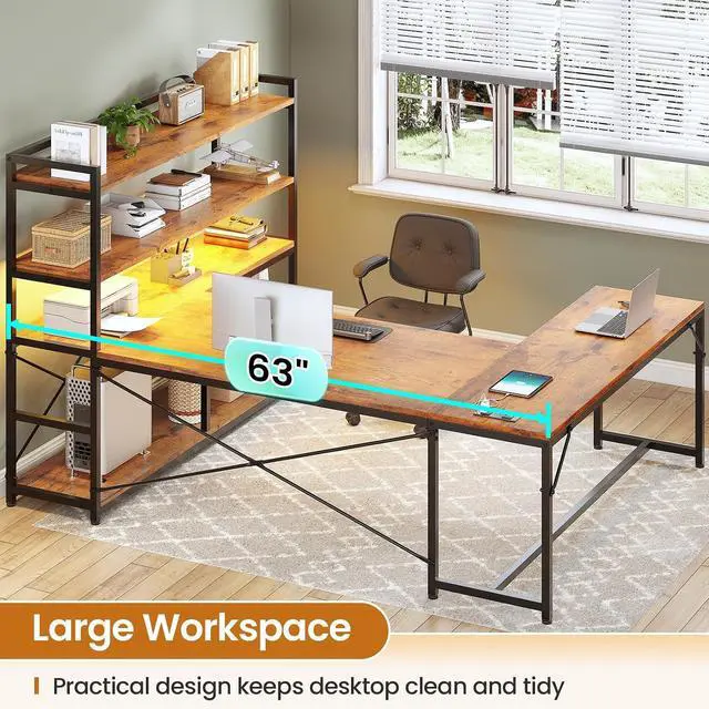 Alt view image 5 of 7 - L Shaped Desk with Storage Shelves, 63 Reversible U Shaped Office Desk, Gaming Desk with Power Outlet and LED Lights for Home Office, Rustic Brown