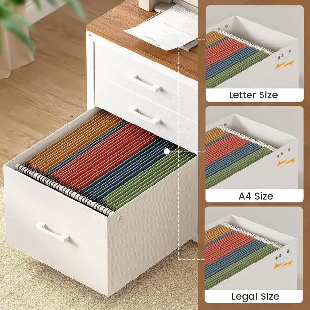 Alt view image 5 of 7 - Electric Standing Desk with 3 Fabric Drawers, 61" Height Adjustable Office Executive Desk with Storage Drawers, Stand up Computer Desk with Power Outlet for Home Office, White and Brown