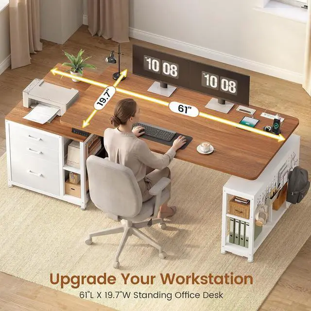 Alt view image 6 of 7 - Electric Standing Desk with 3 Fabric Drawers, 61" Height Adjustable Office Executive Desk with Storage Drawers, Stand up Computer Desk with Power Outlet for Home Office, White and Brown