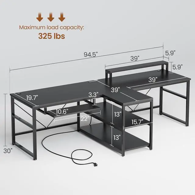 Alt view image 2 of 7 - 94.5" Office Computer Desk, 2 Person Gaming Desk with Storage, LED Lights, Keyboard Tray, Power Strip with USB & Monitor Stand, Long Two Person Desk for Home Office, Black