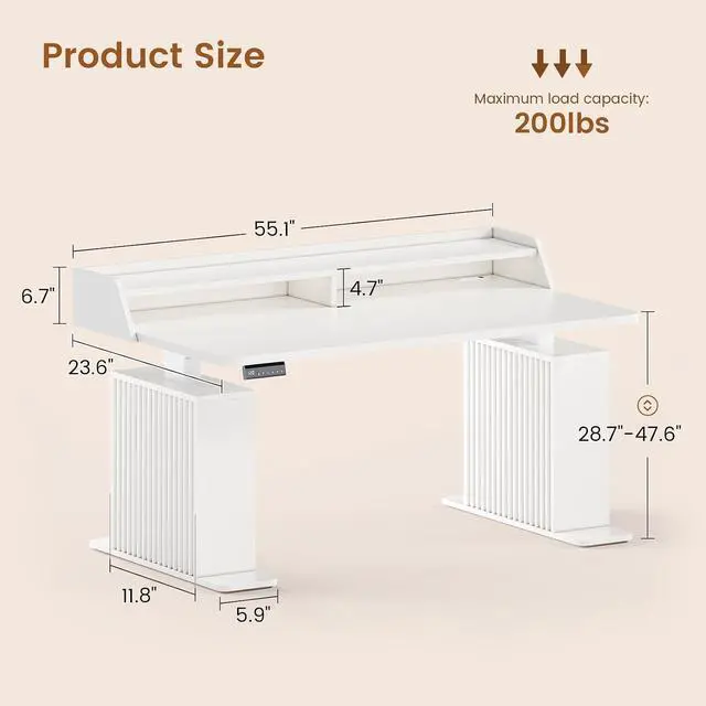 Alt view image 2 of 7 - Standing Desk with Storage, 55" Fluted Stand Up Desk with Power Outlets & LED Lights, Height Adjustable Table with Monitor Shelf for Home Office, Gaming, White