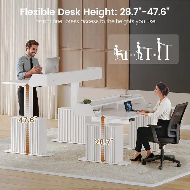 Alt view image 3 of 7 - Standing Desk with Storage, 55" Fluted Stand Up Desk with Power Outlets & LED Lights, Height Adjustable Table with Monitor Shelf for Home Office, Gaming, White