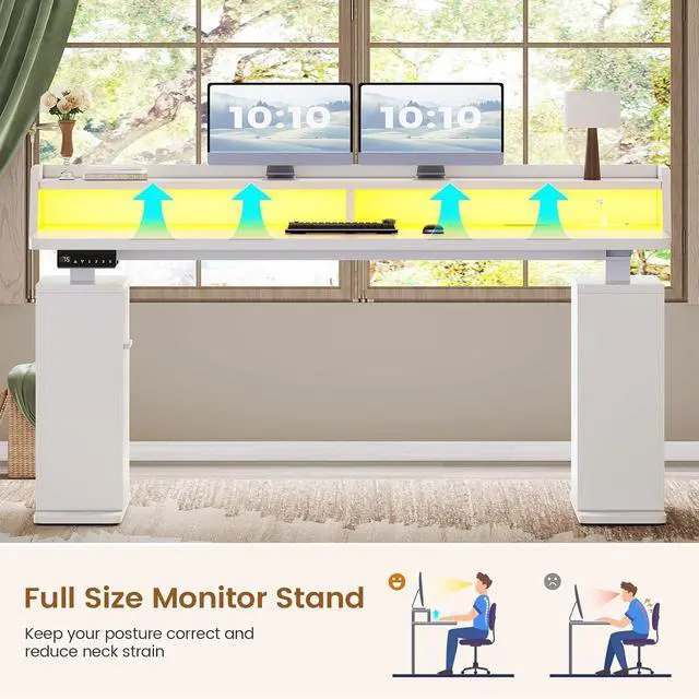 Alt view image 7 of 7 - Standing Desk with Storage, 55" Fluted Stand Up Desk with Power Outlets & LED Lights, Height Adjustable Table with Monitor Shelf for Home Office, Gaming, White