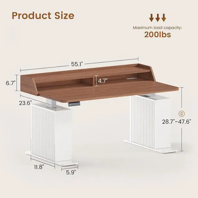 Alt view image 2 of 7 - Standing Desk with Storage, 55" Fluted Stand Up Desk with Power Outlets & LED Lights, Height Adjustable Table with Monitor Shelf for Home Office, Gaming, Brown + White